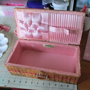 Vintage wicker sewing basket w/ pink satin lining